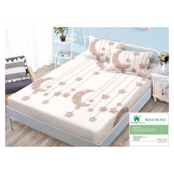 Husa pat cu elastic, Bumbac FINET, 140x200cm, 2 fete de perne 50x70cm, Alb-Roz, stele, HDF-186
