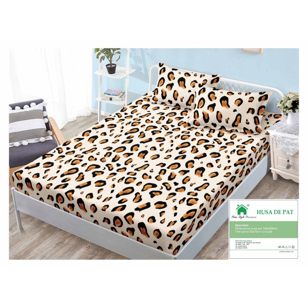 Husa pat cu elastic, Bumbac FINET, 140x200cm, 2 fete de perne 50x70cm, Crem-Maro, animal print, HDF-188