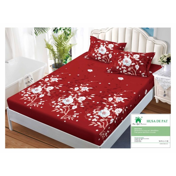 Husa pat cu elastic, Bumbac FINET, 140x200cm, 2 fete de perne 50x70cm, Rosu-Alb, flori, HDF-193