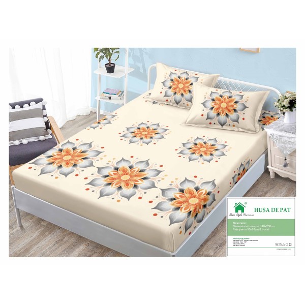 Husa pat cu elastic, Bumbac FINET, 140x200cm, 2 fete de perne 50x70cm, Crem-Multicolor, flori, HDF-194