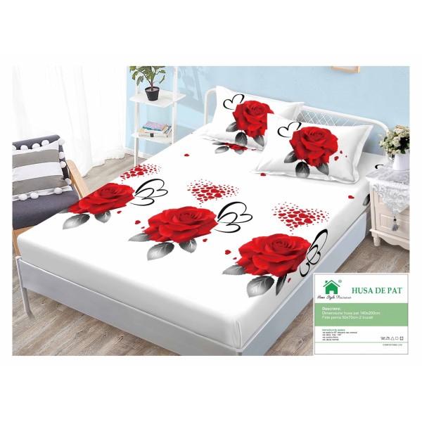 Husa pat cu elastic, Bumbac FINET, 140x200cm, 2 fete de perne 50x70cm, Alb-Rosu, flori, HDF-195