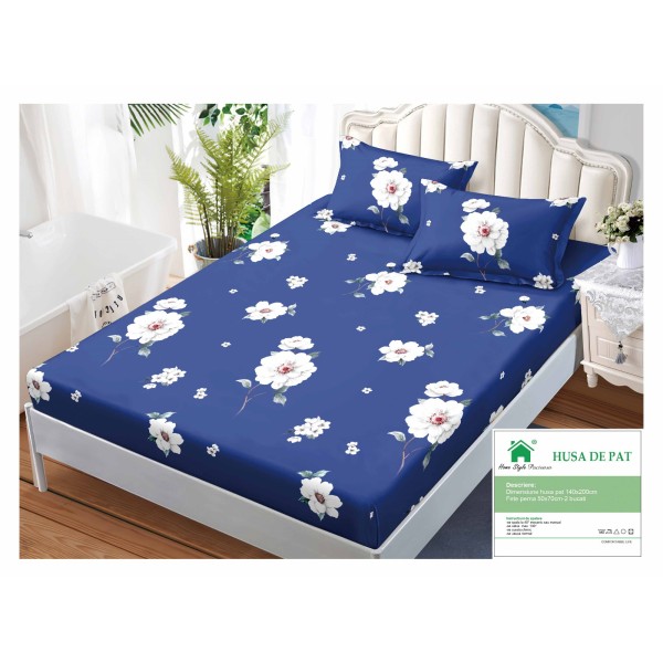 Husa pat cu elastic, Bumbac FINET, 140x200cm, 2 fete de perne 50x70cm, Albastru-Alb, flori, HDF-198