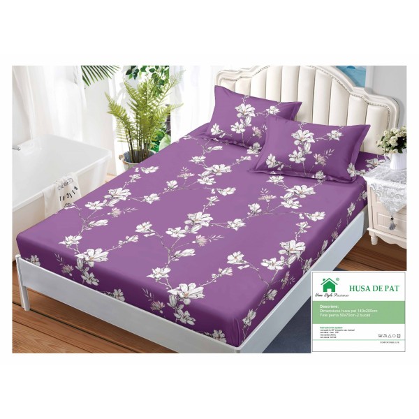 Husa pat cu elastic, Bumbac FINET, 140x200cm, 2 fete de perne 50x70cm, Mov-Alb, flori, HDF-200