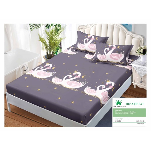 Husa pat cu elastic, Bumbac FINET, 140x200cm, 2 fete de perne 50x70cm, Gri-Alb, pasari, HDF-201
