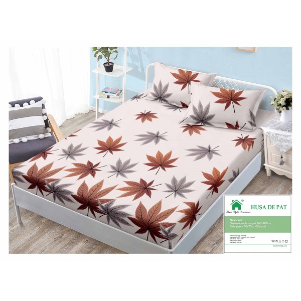 Husa pat cu elastic, Bumbac FINET, 140x200cm, 2 fete de perne 50x70cm, Crem-Maro, frunze, HDF-206