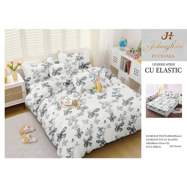 Lenjerie pat dublu, Bumbac Satinat Superior, 4 piese, cu ELASTIC, Alb-Negru, fluturi, LDBSE-025