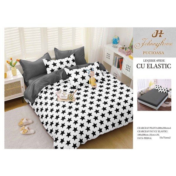 Lenjerie pat dublu, Bumbac Satinat Superior, 4 piese, cu ELASTIC, Alb-Negru, stele, LDBSE-001