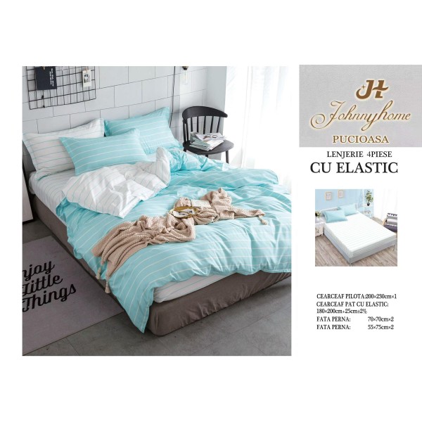 Lenjerie pat dublu, Bumbac Satinat Superior, 4 piese, cu ELASTIC, Blue-Alb, linii, LDBSE-057