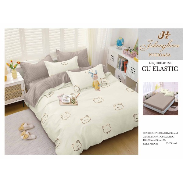 Lenjerie pat dublu, Bumbac Satinat Superior, 4 piese, cu ELASTIC, Crem-Bej, ursuleti, LDBSE-043