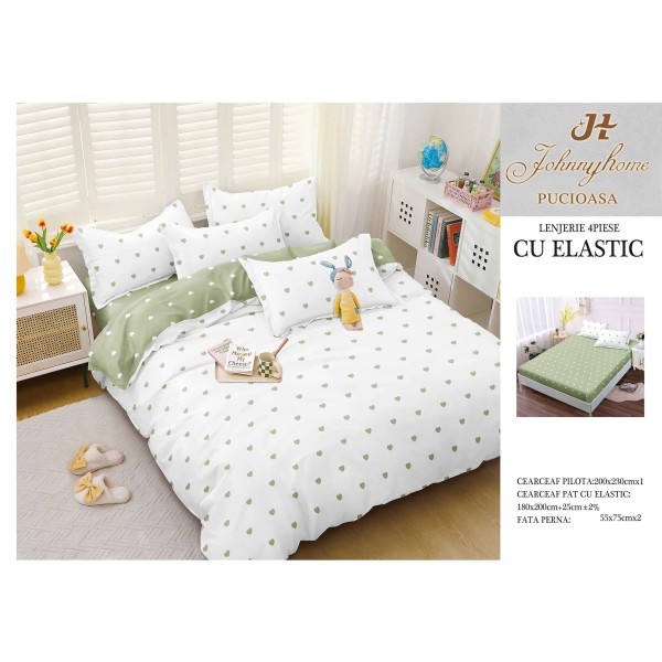 Lenjerie pat dublu, Bumbac Satinat Superior, 4 piese, cu ELASTIC, Alb-Verde, inimi, LDBSE-039