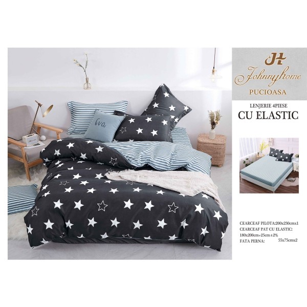 Lenjerie pat dublu, Bumbac Satinat Superior, 4 piese, cu ELASTIC, Negru-Alb, stele, LDBSE-038