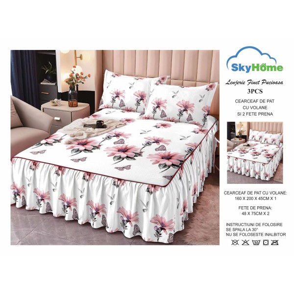 Cearsaf cu volanase, Bumbac FINET, plus  2 fete de perne 50x70cm,  Alb-Multicolor, flori, LDBS-203