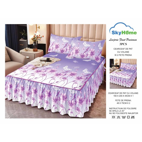 Cearsaf cu volanase, Bumbac FINET, plus  2 fete de perne 50x70cm, Mov-Roz, flori, LDBS-202