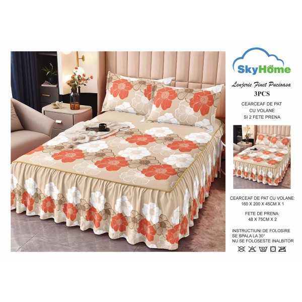 Cearsaf cu volanase, Bumbac FINET, plus  2 fete de perne 50x70cm, Alb-Crem, flori, LDBS-195