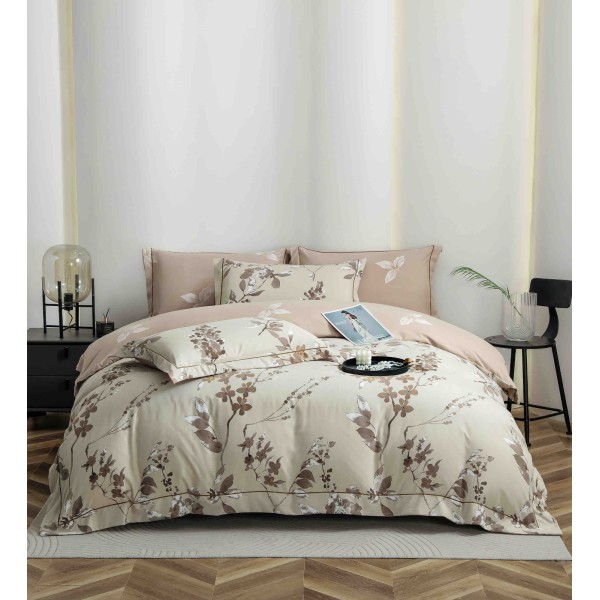 Lenjerie pat dublu, BUMBAC FINET, 6 piese, cu ELASTIC, Bej-Crem, flori, LPL-001
