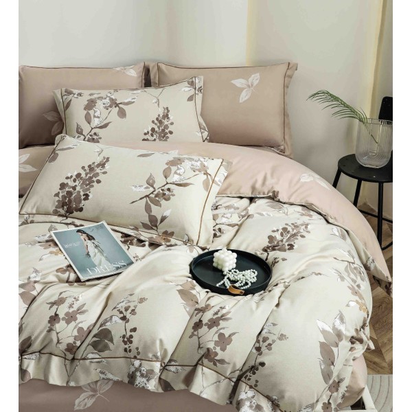 Lenjerie pat dublu, BUMBAC FINET, 6 piese, cu ELASTIC, Bej-Crem, flori, LPL-001