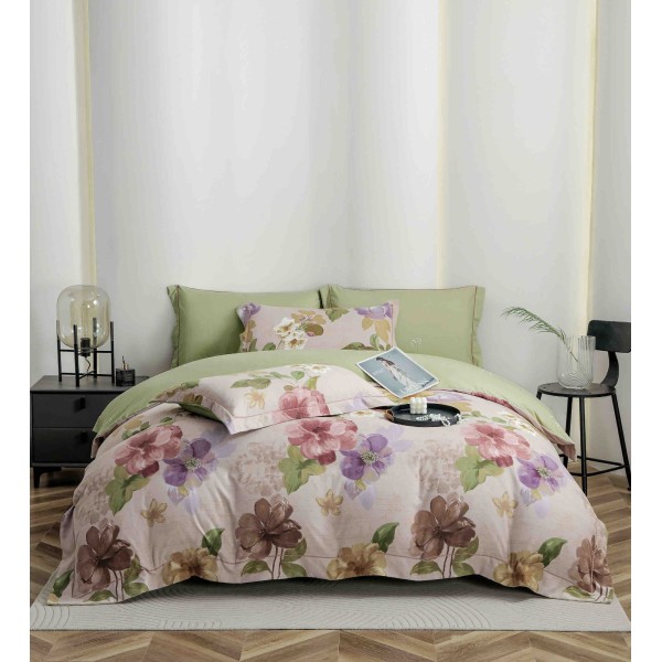 Lenjerie pat dublu, BUMBAC FINET, 6 piese, cu ELASTIC, Verde-Multicolor, flori, LPL-002