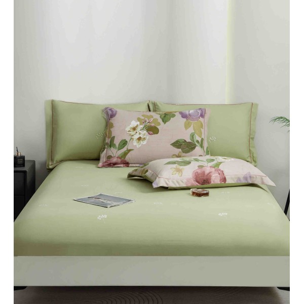 Lenjerie pat dublu, BUMBAC FINET, 6 piese, cu ELASTIC, Verde-Multicolor, flori, LPL-002