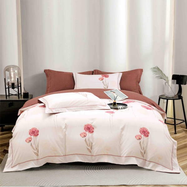 Lenjerie pat dublu, BUMBAC FINET, 6 piese, cu ELASTIC, Maro-Crem, flori, LPL-003