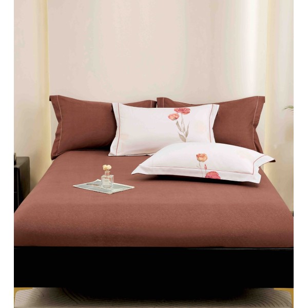 Lenjerie pat dublu, BUMBAC FINET, 6 piese, cu ELASTIC, Maro-Crem, flori, LPL-003