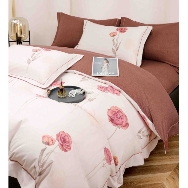 Lenjerie pat dublu, BUMBAC FINET, 6 piese, cu ELASTIC, Maro-Crem, flori, LPL-003