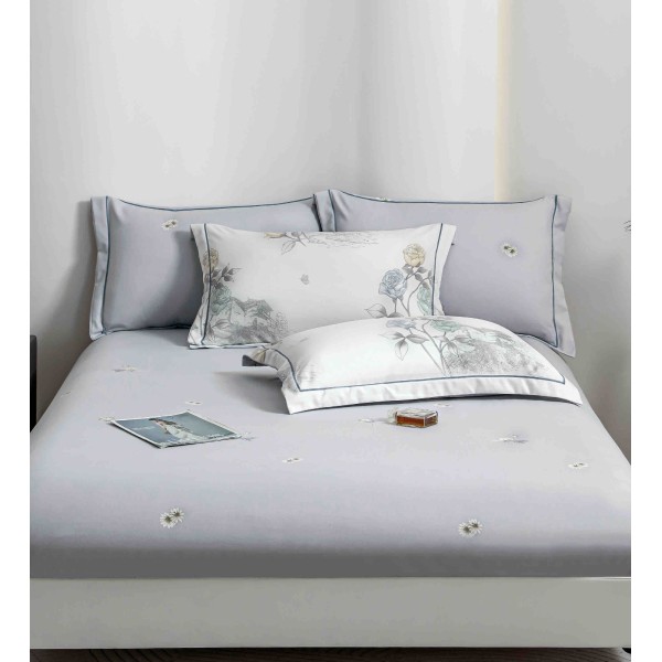 Lenjerie pat dublu, BUMBAC FINET, 6 piese, cu ELASTIC, Alb-Gri, flori, LPL-004 Lenjerie pat dublu, BUMBAC FINET, 6 piese, cu ELASTIC, Alb-Gri, flori, LPL-004