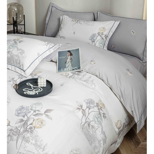 Lenjerie pat dublu, BUMBAC FINET, 6 piese, cu ELASTIC, Alb-Gri, flori, LPL-004 Lenjerie pat dublu, BUMBAC FINET, 6 piese, cu ELASTIC, Alb-Gri, flori, LPL-004