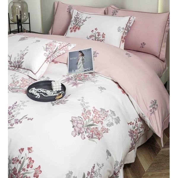Lenjerie pat dublu, BUMBAC FINET, 6 piese, cu ELASTIC, Alb-Roz, flori, LPL-005