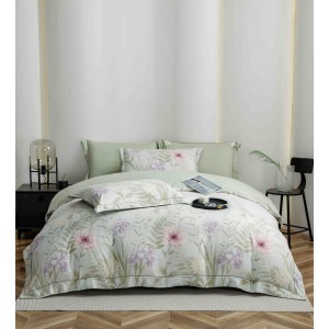 Lenjerie de Pat Dublu LUX 6 Piese din Finet cu Cearșaf cu Elastic – Model Floral Verde Salvie cu Roz și Lila, LPL-006