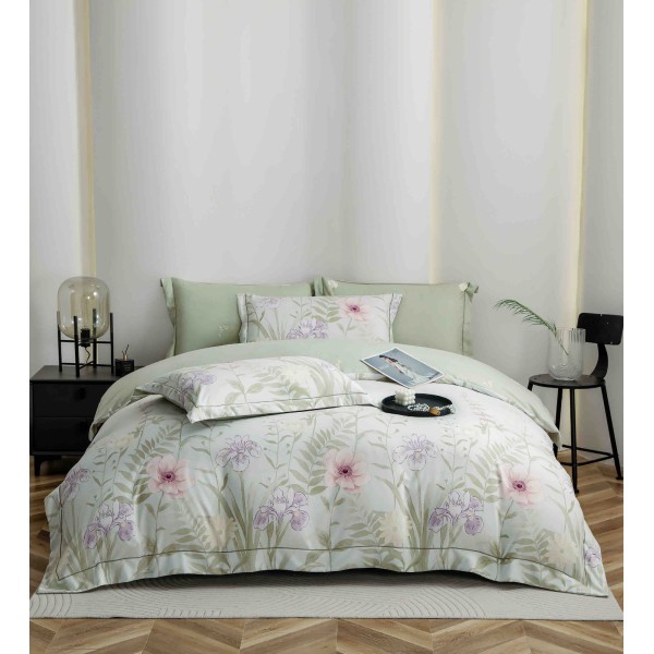 Lenjerie pat dublu, BUMBAC FINET, 6 piese, cu ELASTIC, Alb-Vernil, flori, LPL-006