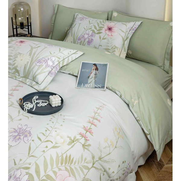 Lenjerie pat dublu, BUMBAC FINET, 6 piese, cu ELASTIC, Alb-Vernil, flori, LPL-006