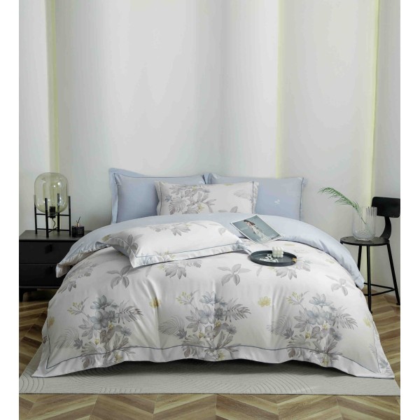 Lenjerie pat dublu, BUMBAC FINET, 6 piese, cu ELASTIC, Alb-Blue, flori, LPL-007 Lenjerie pat dublu, BUMBAC FINET, 6 piese, cu ELASTIC, Alb-Blue, flori, LPL-007