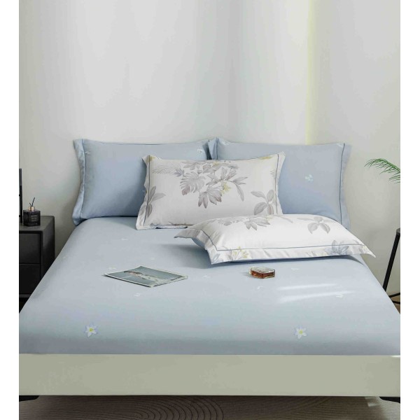 Lenjerie pat dublu, BUMBAC FINET, 6 piese, cu ELASTIC, Alb-Blue, flori, LPL-007