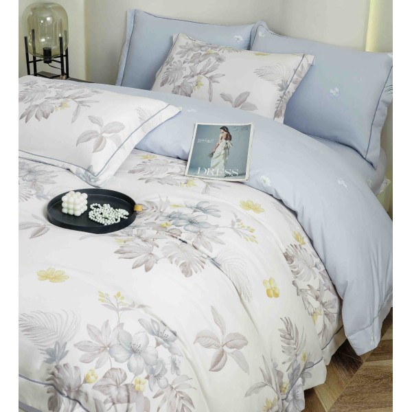 Lenjerie pat dublu, BUMBAC FINET, 6 piese, cu ELASTIC, Alb-Blue, flori, LPL-007