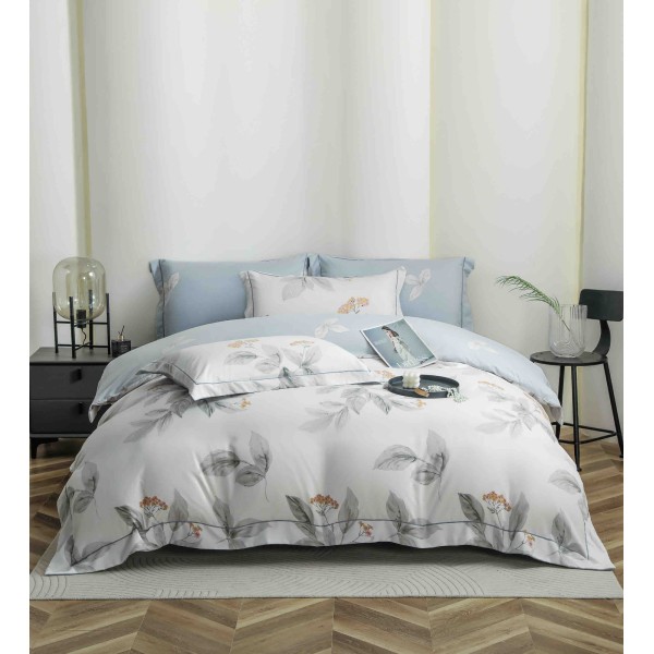 Lenjerie pat dublu, BUMBAC FINET, 6 piese, cu ELASTIC, Alb-Blue, frunze, LPL-009 Lenjerie pat dublu, BUMBAC FINET, 6 piese, cu ELASTIC, Alb-Blue, frunze, LPL-009