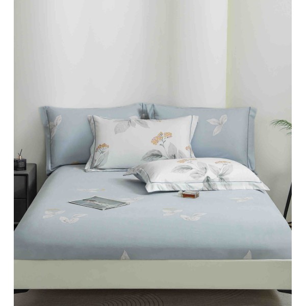 Lenjerie pat dublu, BUMBAC FINET, 6 piese, cu ELASTIC, Alb-Blue, frunze, LPL-009 Lenjerie pat dublu, BUMBAC FINET, 6 piese, cu ELASTIC, Alb-Blue, frunze, LPL-009