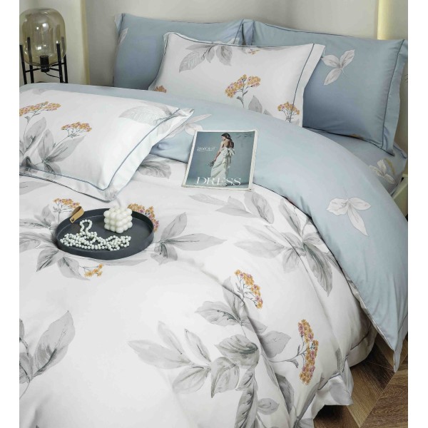 Lenjerie pat dublu, BUMBAC FINET, 6 piese, cu ELASTIC, Alb-Blue, frunze, LPL-009 Lenjerie pat dublu, BUMBAC FINET, 6 piese, cu ELASTIC, Alb-Blue, frunze, LPL-009