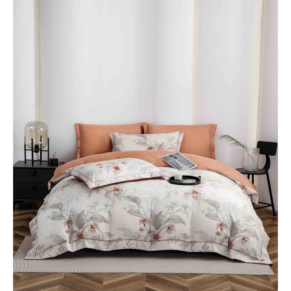Lenjerie pat dublu, BUMBAC FINET, 6 piese, cu ELASTIC, Alb-Bej, frunze, flori, LPL-010 Lenjerie pat dublu, BUMBAC FINET, 6 piese, cu ELASTIC, Alb-Bej, frunze, flori, LPL-010