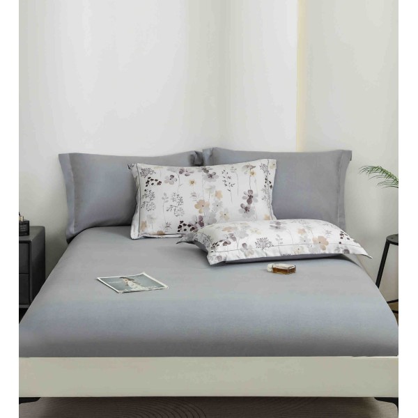 Lenjerie pat dublu, BUMBAC FINET, 6 piese, cu ELASTIC, Alb-Gri, flori, LPL-011 Lenjerie pat dublu, BUMBAC FINET, 6 piese, cu ELASTIC, Alb-Gri, flori, LPL-011