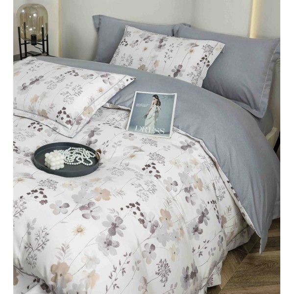Lenjerie pat dublu, BUMBAC FINET, 6 piese, cu ELASTIC, Alb-Gri, flori, LPL-011 Lenjerie pat dublu, BUMBAC FINET, 6 piese, cu ELASTIC, Alb-Gri, flori, LPL-011