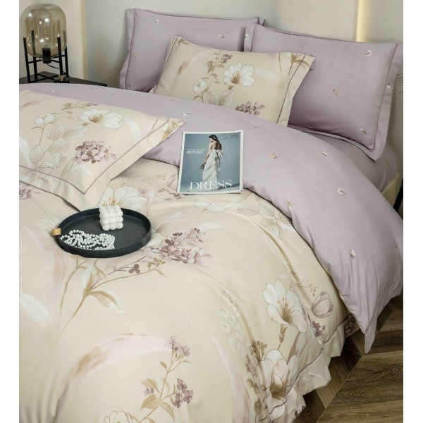 Lenjerie pat dublu, BUMBAC FINET, 6 piese, cu ELASTIC, Crem-Lila, flori, LPL-012