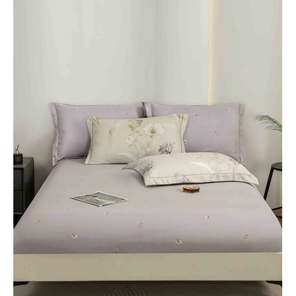 Lenjerie pat dublu, BUMBAC FINET, 6 piese, cu ELASTIC, Crem-Lila, flori, LPL-012