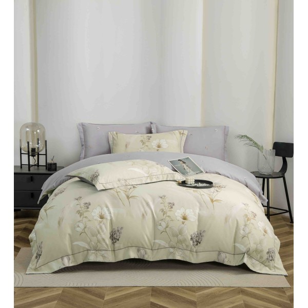 Lenjerie pat dublu, BUMBAC FINET, 6 piese, cu ELASTIC, Crem-Lila, flori, LPL-012