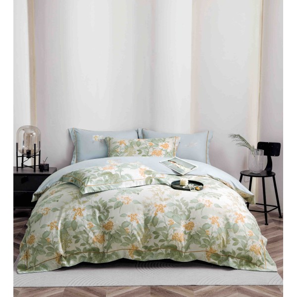 Lenjerie pat dublu, BUMBAC FINET, 6 piese, cu ELASTIC, Verde-Blue, flori, LPL-013