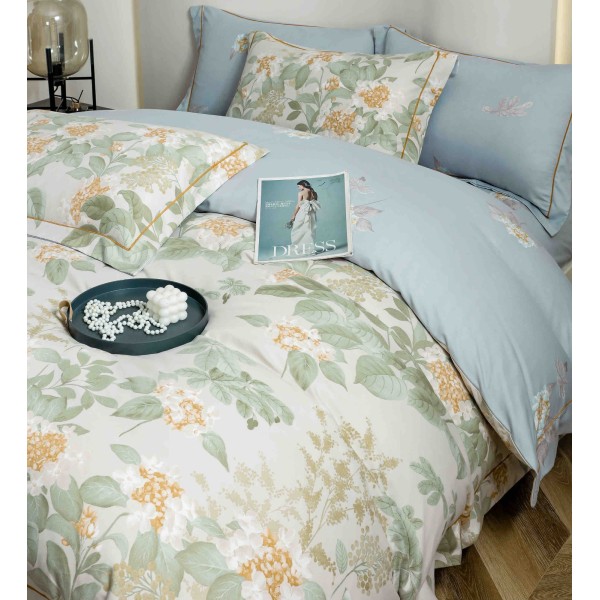 Lenjerie pat dublu, BUMBAC FINET, 6 piese, cu ELASTIC, Verde-Blue, flori, LPL-013