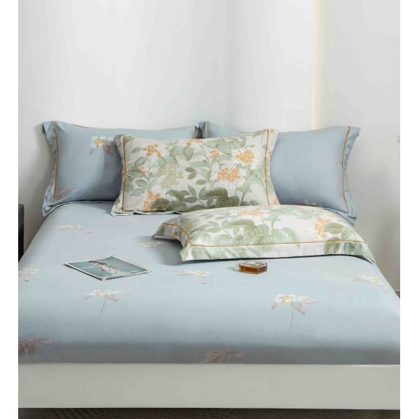 Lenjerie pat dublu, BUMBAC FINET, 6 piese, cu ELASTIC, Verde-Blue, flori, LPL-013