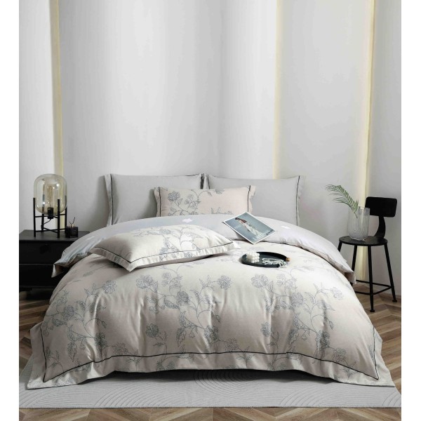 Lenjerie pat dublu, BUMBAC FINET, 6 piese, cu ELASTIC, Gri, flori, LPL-014