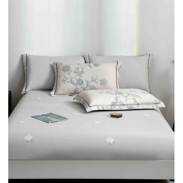 Lenjerie pat dublu, BUMBAC FINET, 6 piese, cu ELASTIC, Gri, flori, LPL-014