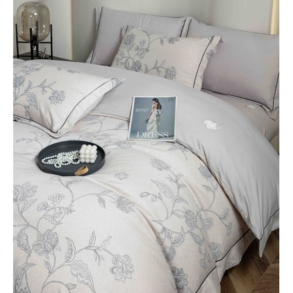 Lenjerie pat dublu, BUMBAC FINET, 6 piese, cu ELASTIC, Gri, flori, LPL-014