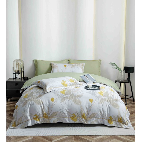Lenjerie pat dublu, BUMBAC FINET, 6 piese, cu ELASTIC, Verde-Alb, frunze, LPL-015